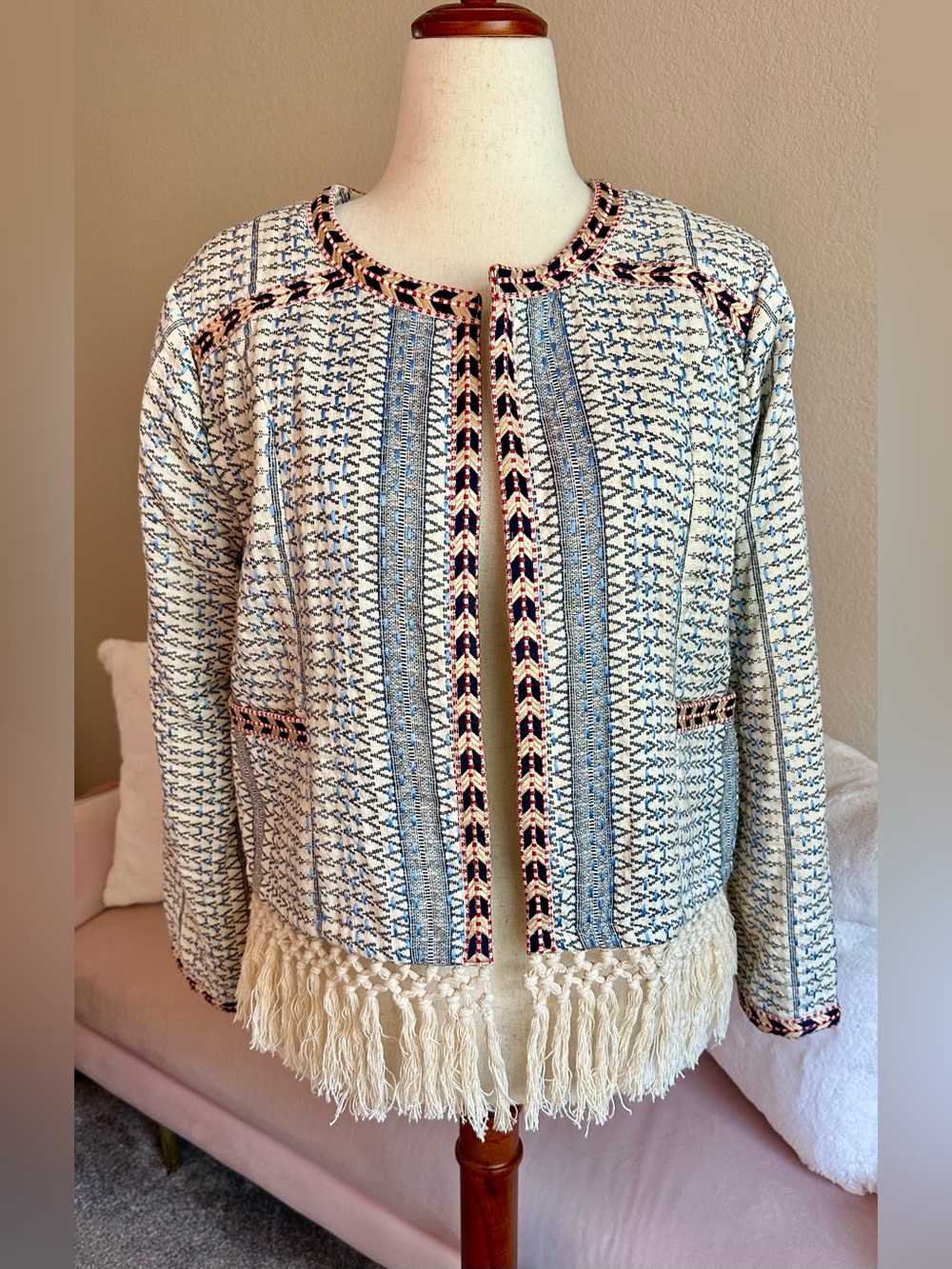 Tularosa Jacket Santa Fe Macramé Fringe Hem Embroidered Women’s Sz L Boho Indie